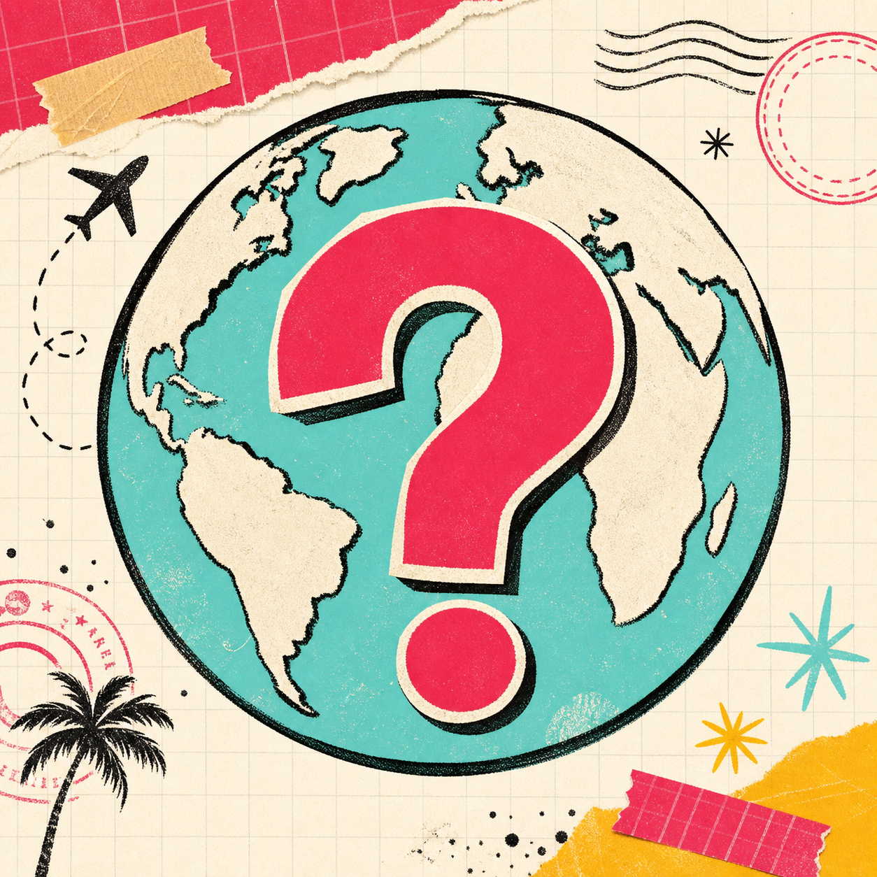 Illustrated mystery destination globe with a question mark