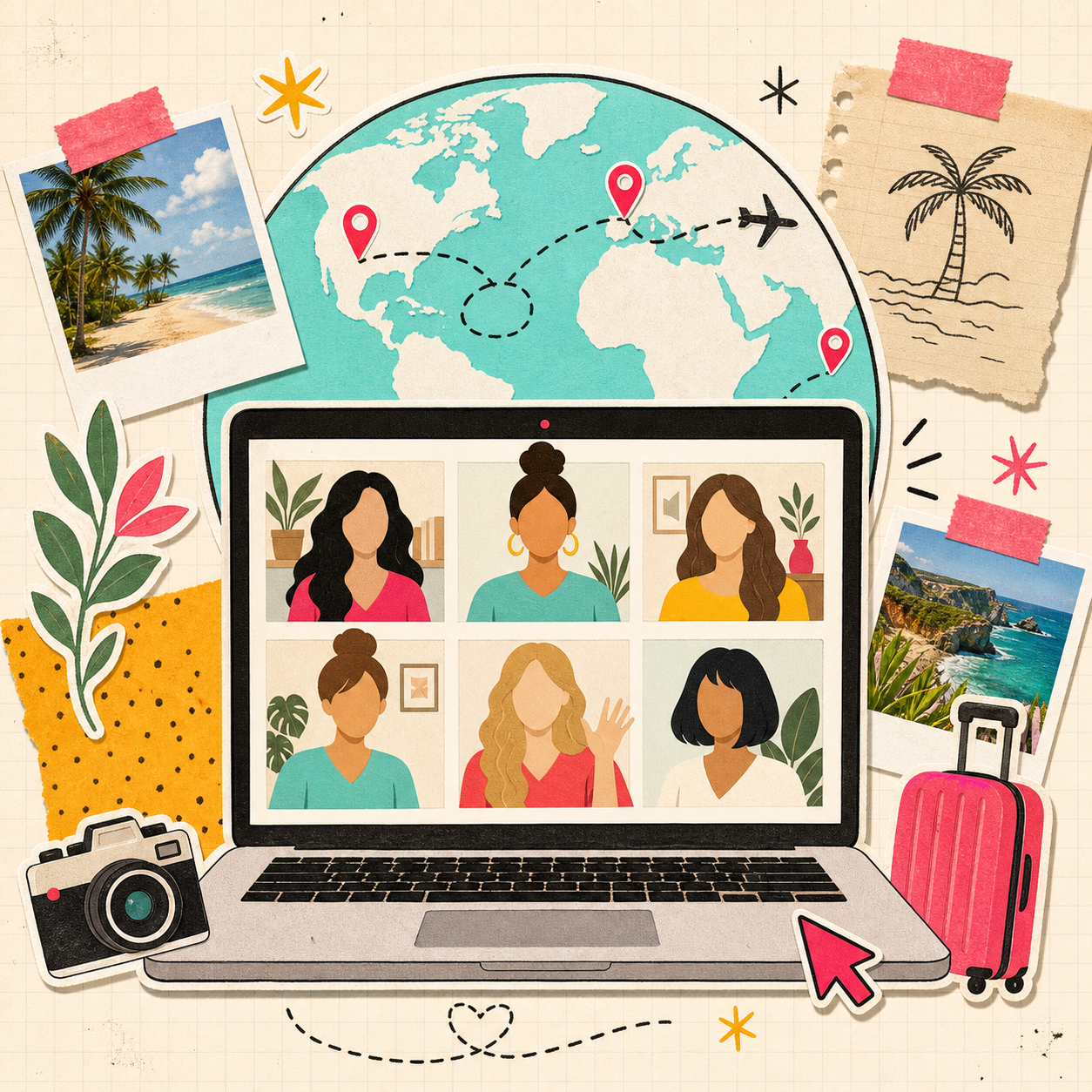 Scrapbook illustration of an online workshop with a laptop and globe