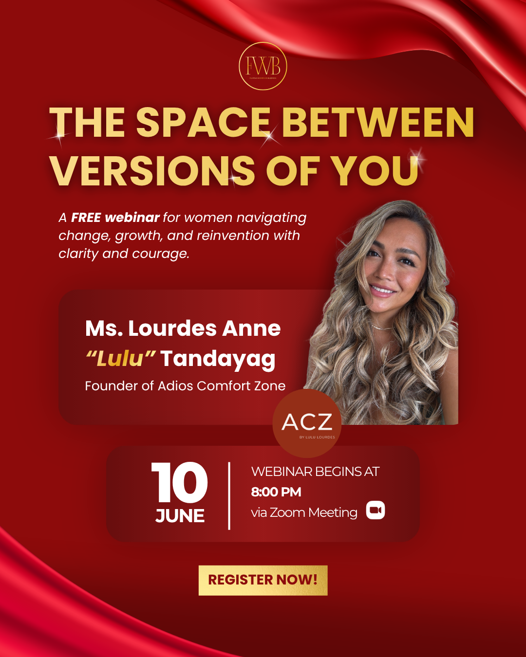 FWIB webinar poster for The Space Between Versions of You
