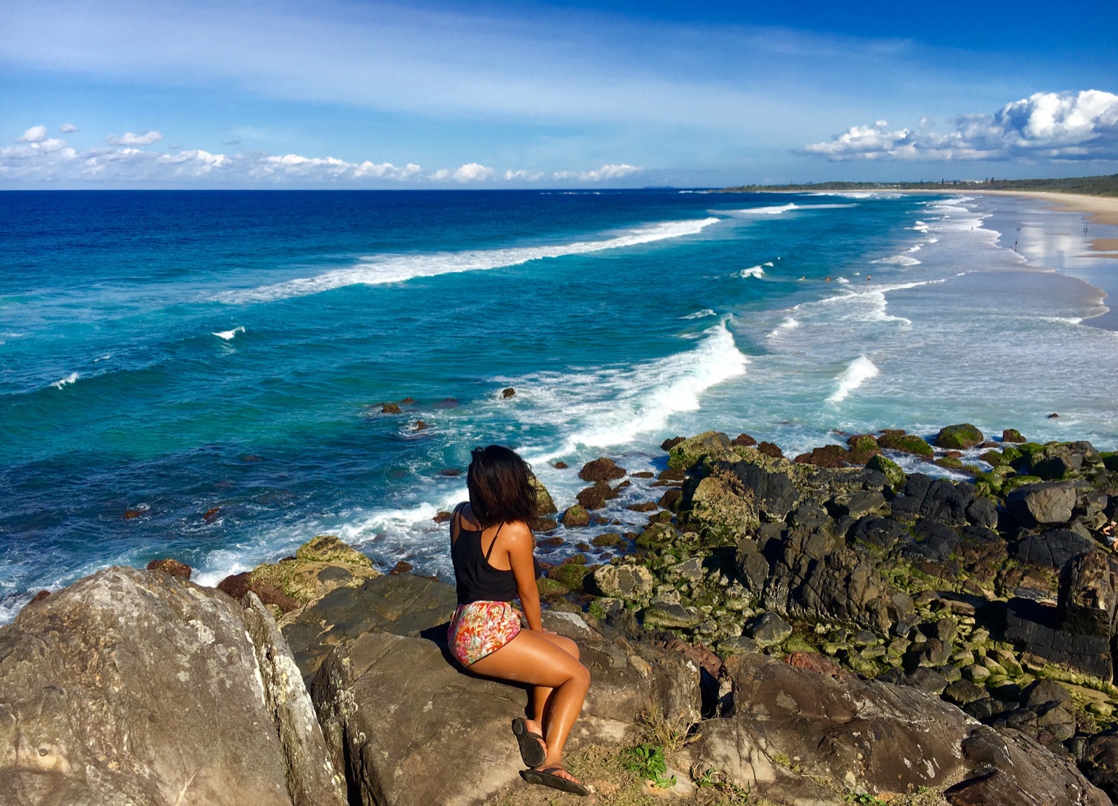 LuLu sitting on rocks looking at the ocean
